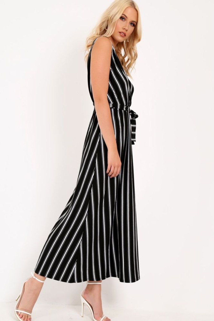 Clothing Rebellious Fashion | Black White Stripe Plunge Wrap Maxi - Skyelin