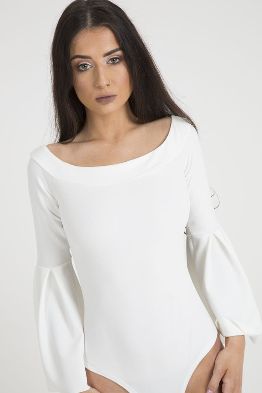 Clothing Rebellious Fashion | White Bardot Bell Sleeve Bodysuit - Evelyn