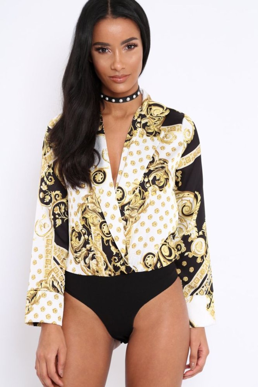 Clothing Rebellious Fashion | White And Gold Scarf Print Satin Plunge Bodysuit - Moniqua