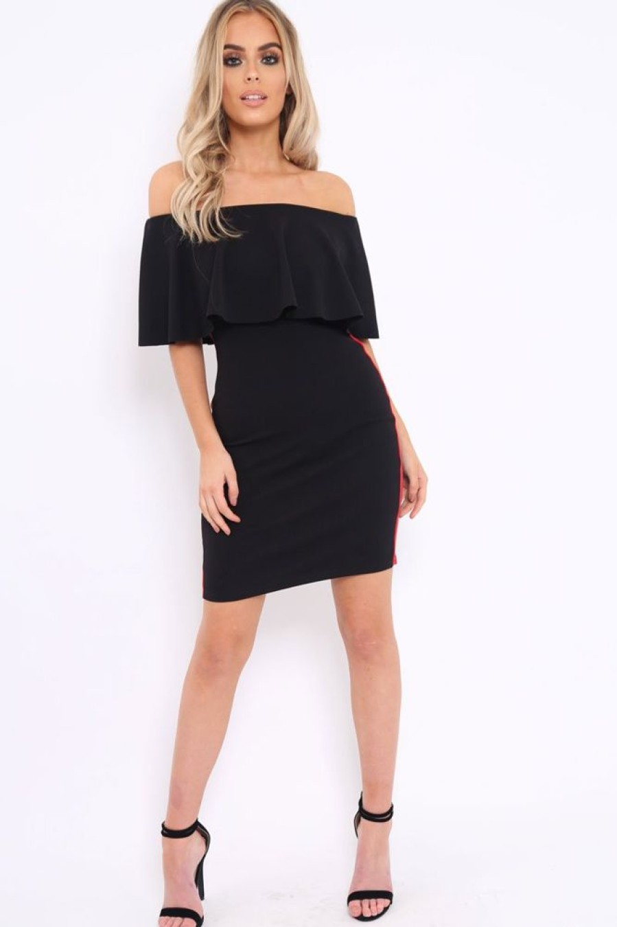 Clothing Rebellious Fashion | Black Bardot Dress With Sports Trim - Melissa