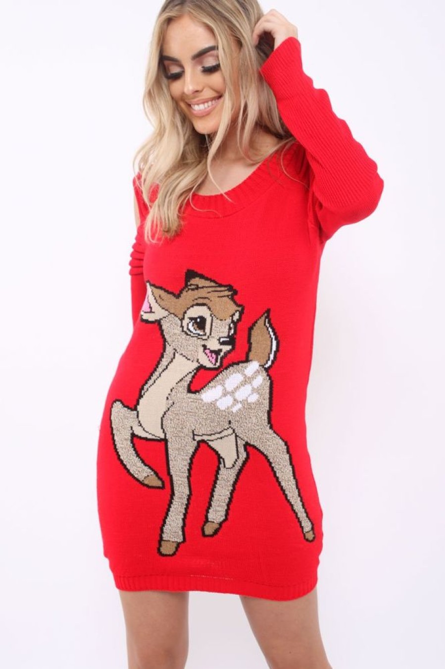 Clothing Rebellious Fashion | Red Festive Deer Cold Shouldered Jumper Dress - Catarina