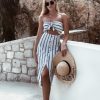 Clothing Rebellious Fashion | White Black Stripe Bandeau Tie Front Midi Dress - Lodema