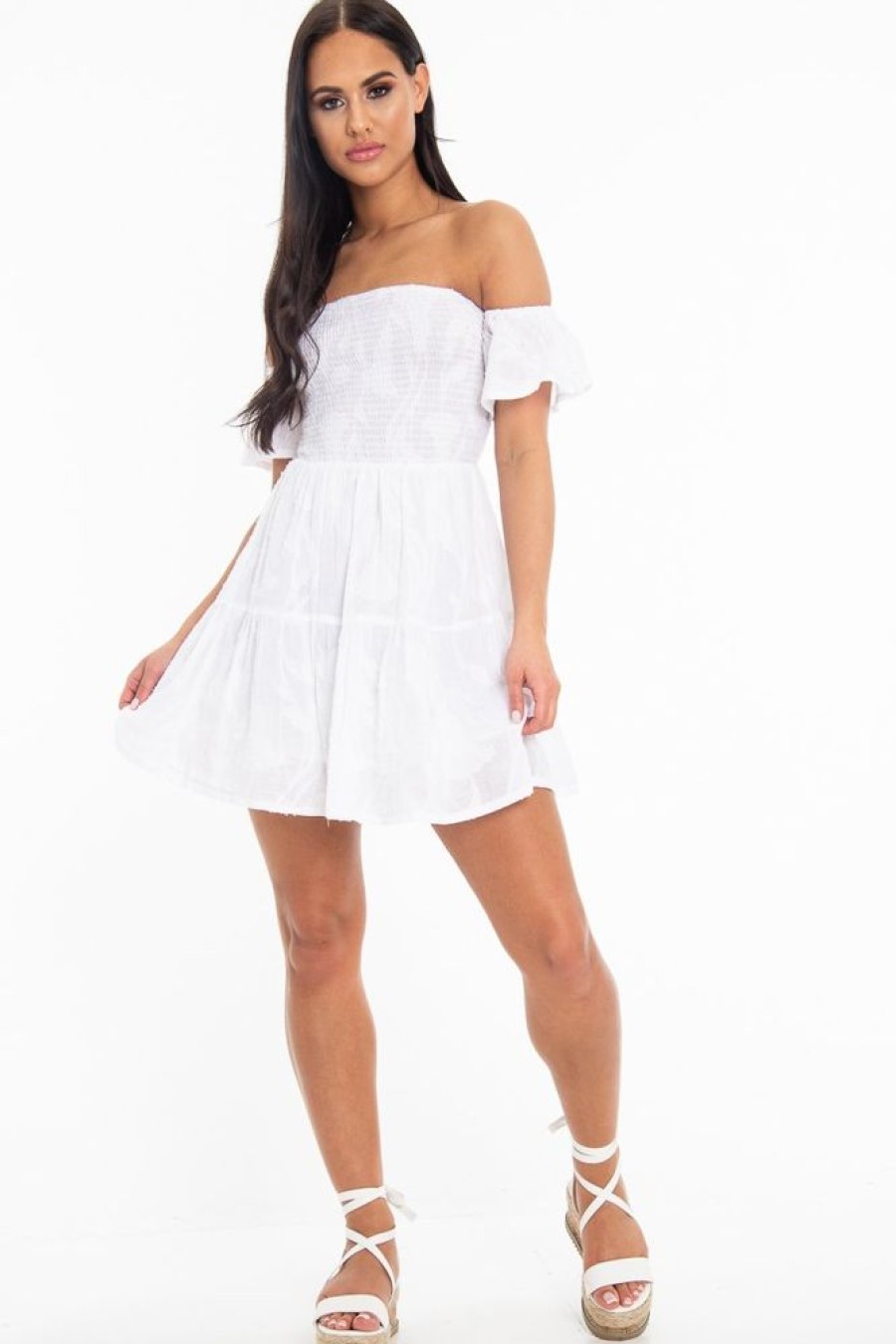 Clothing Rebellious Fashion | White Shirred Bardot Tiered Textured Mini Dress - Emma