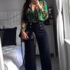 Clothing Rebellious Fashion | Green Scarf Print Plunge Bodysuit - Cindy-Lou