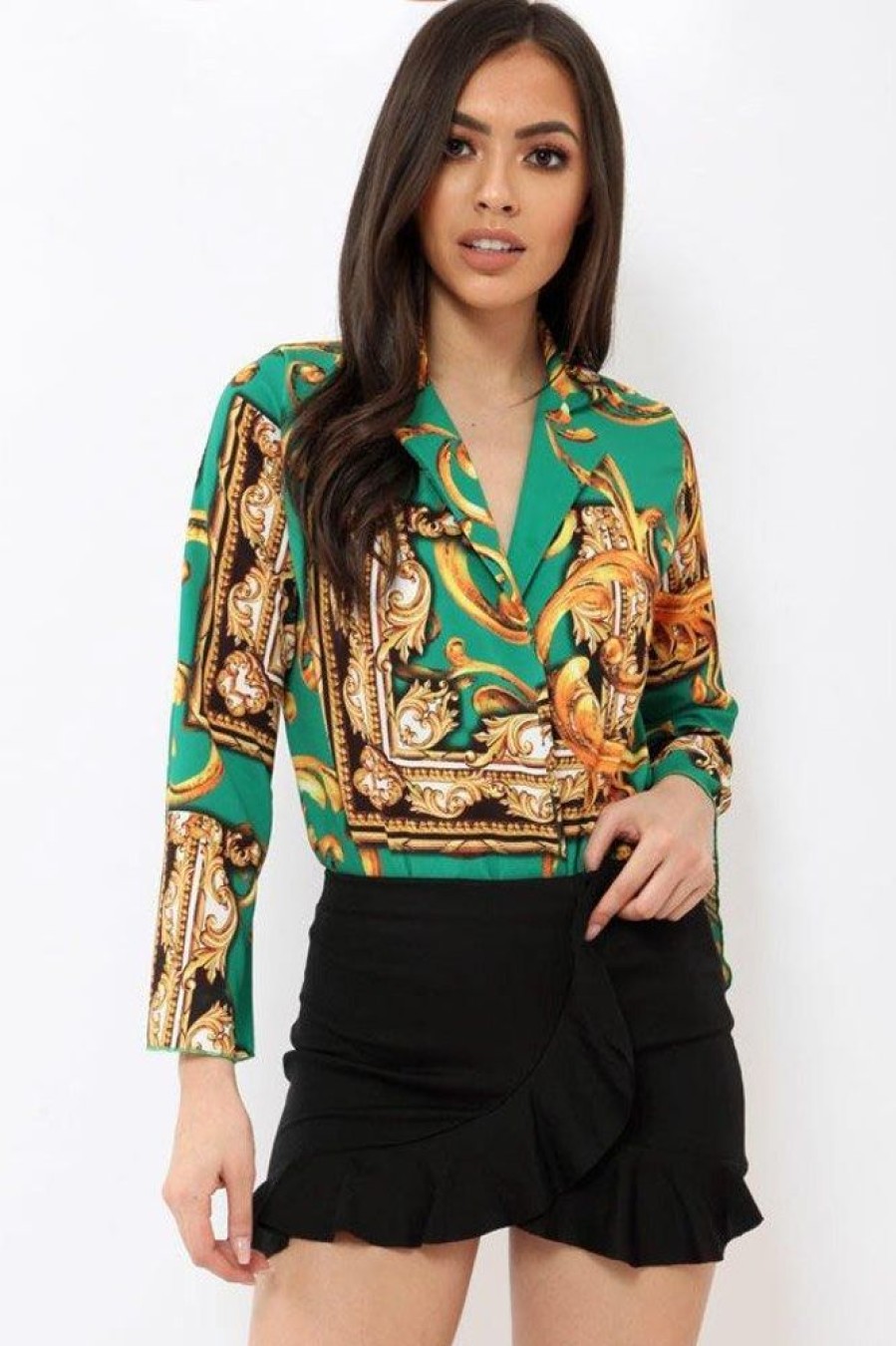 Clothing Rebellious Fashion | Green Scarf Print Plunge Bodysuit - Cindy-Lou