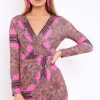 Clothing Rebellious Fashion | Pink Paisley Print Slinky Wrap Dress - Denise