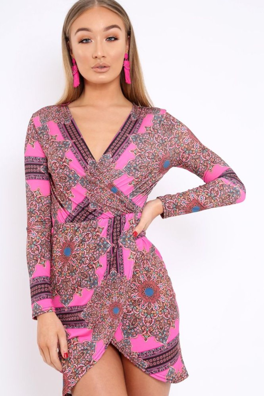 Clothing Rebellious Fashion | Pink Paisley Print Slinky Wrap Dress - Denise