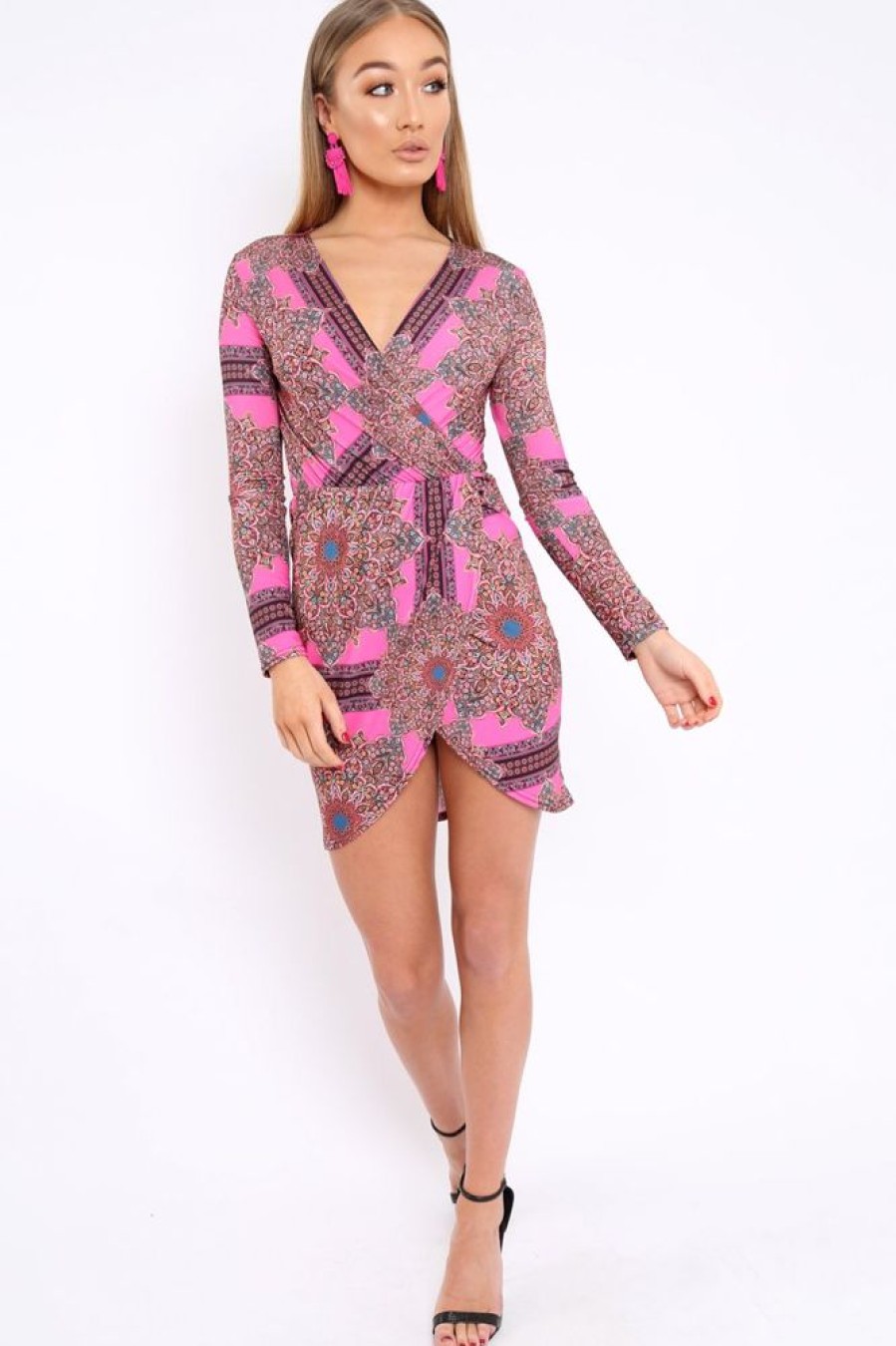 Clothing Rebellious Fashion | Pink Paisley Print Slinky Wrap Dress - Denise