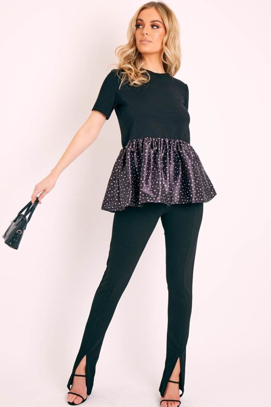 Clothing Rebellious Fashion | Black Polka Satin Peplum Hem T-Shirt - Zyria