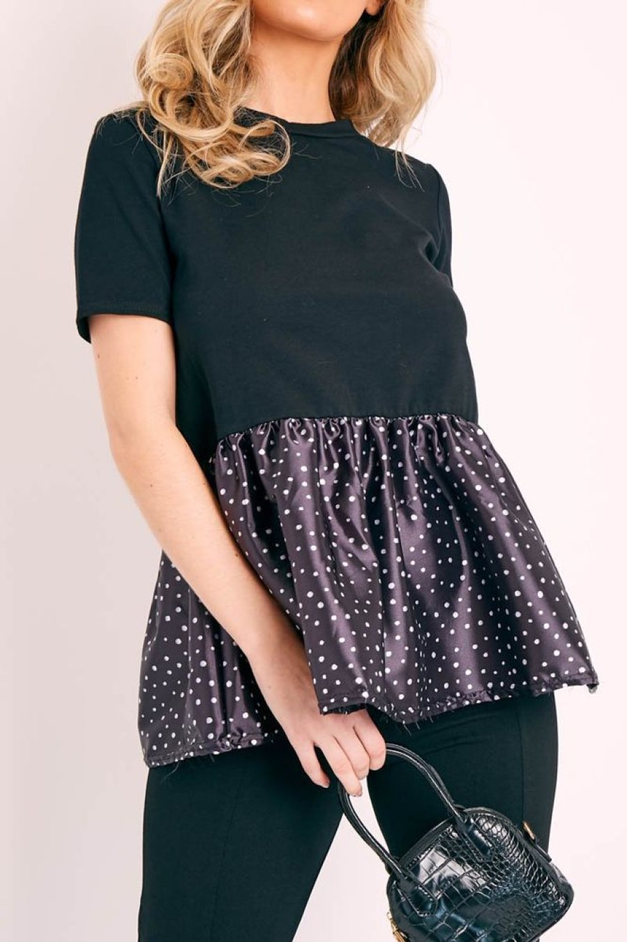 Clothing Rebellious Fashion | Black Polka Satin Peplum Hem T-Shirt - Zyria