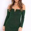 Clothing Rebellious Fashion | Green Glitter Bardot Bodycon Dress - Everly