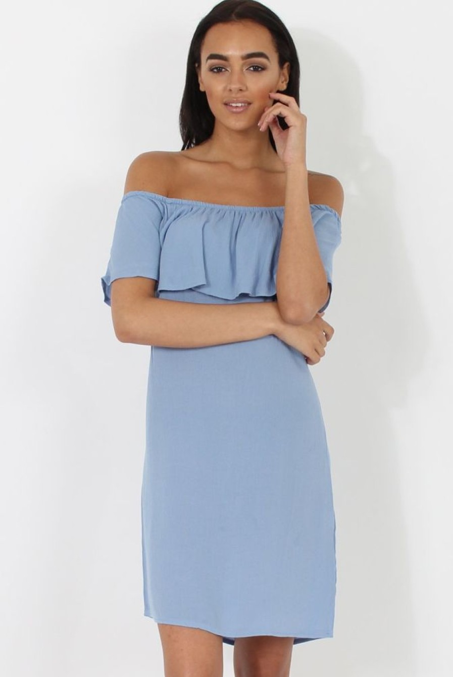 Clothing Rebellious Fashion | Blue Bardot Frill Dress - Ophelia