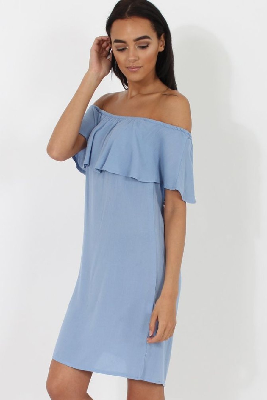 Clothing Rebellious Fashion | Blue Bardot Frill Dress - Ophelia