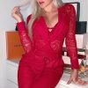 Clothing Rebellious Fashion | Red Sheer Lace Plunge Long Sleeve Bodysuit - Janica