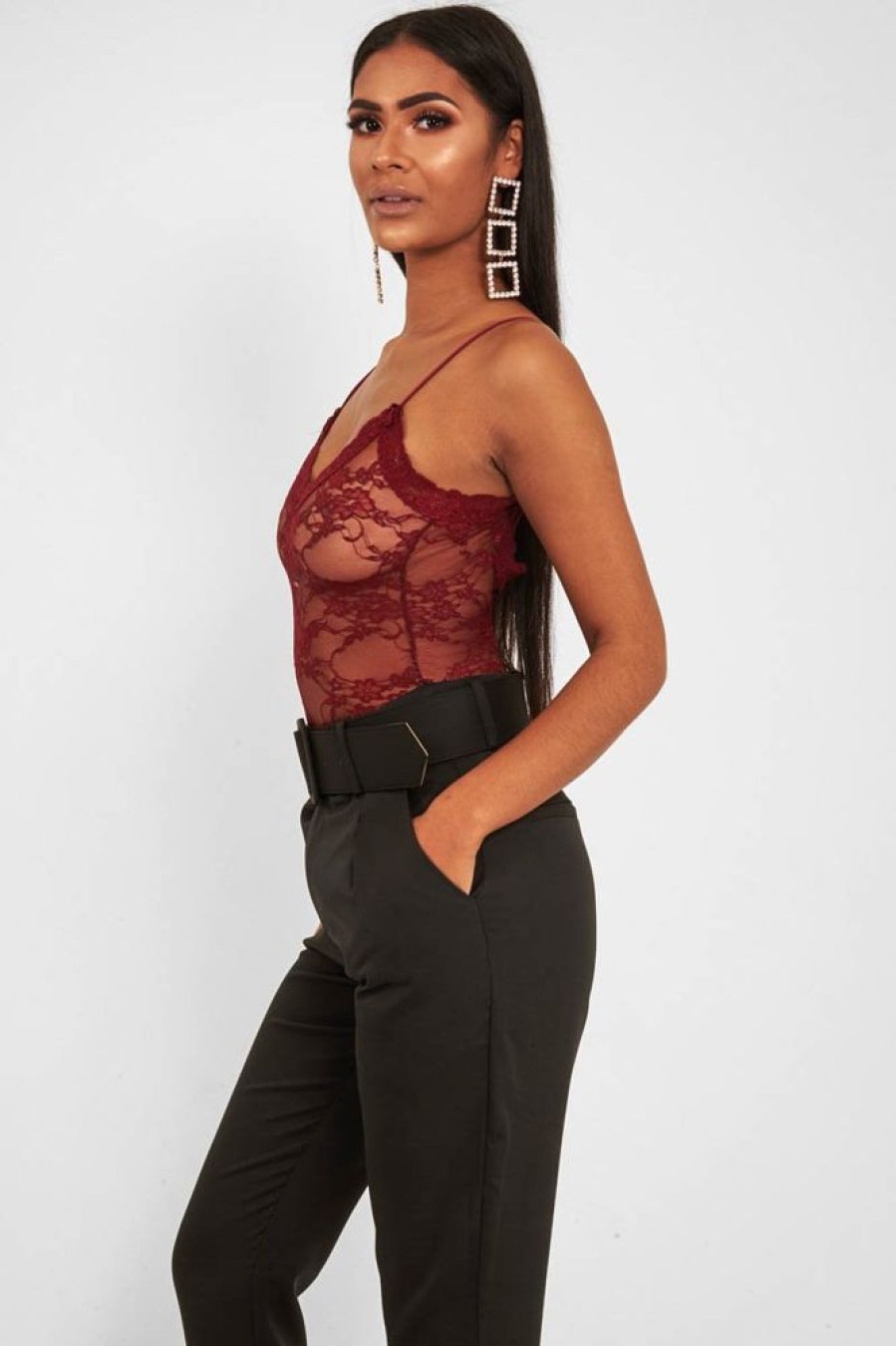 Clothing Rebellious Fashion | Wine Lace Open Back Bodysuit - Demani