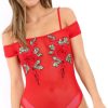 Clothing Rebellious Fashion | Red Mesh Flower Applique Bodysuit - Sabella