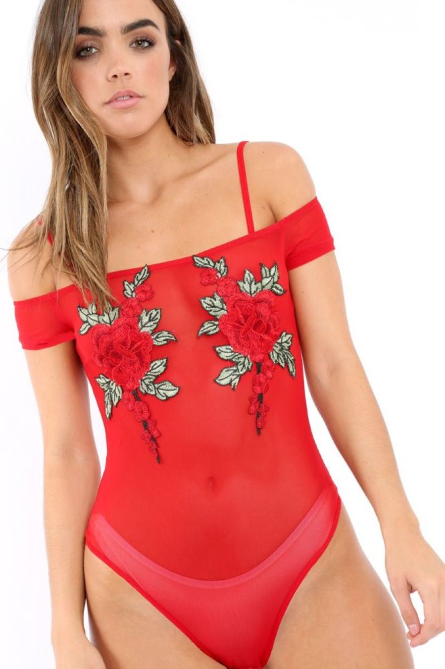 Clothing Rebellious Fashion | Red Mesh Flower Applique Bodysuit - Sabella