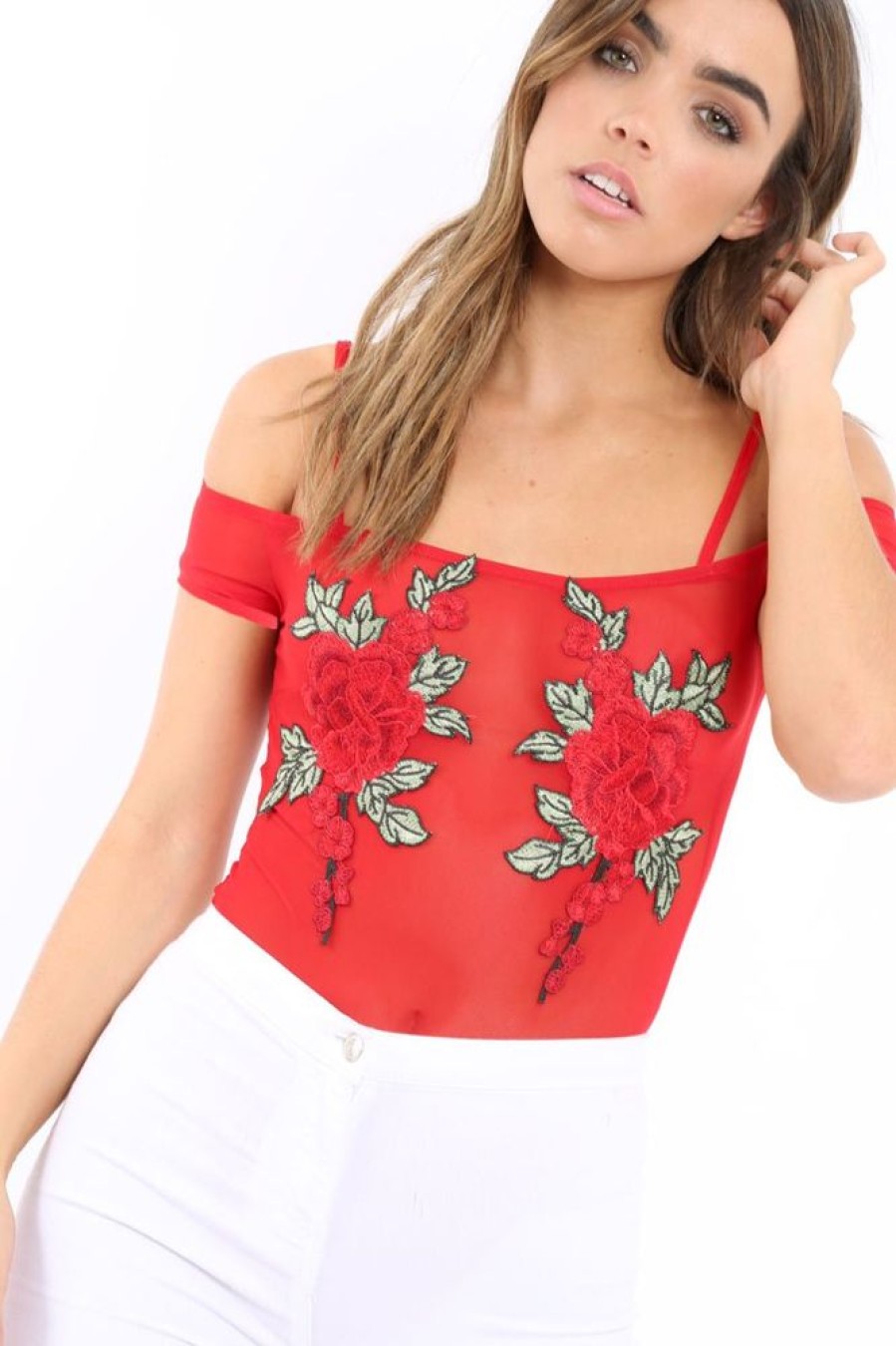 Clothing Rebellious Fashion | Red Mesh Flower Applique Bodysuit - Sabella