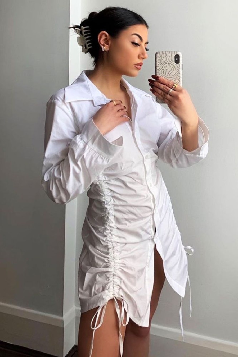 Clothing Rebellious Fashion | White Ruched Centre Shirt Mini Dress - Khylie