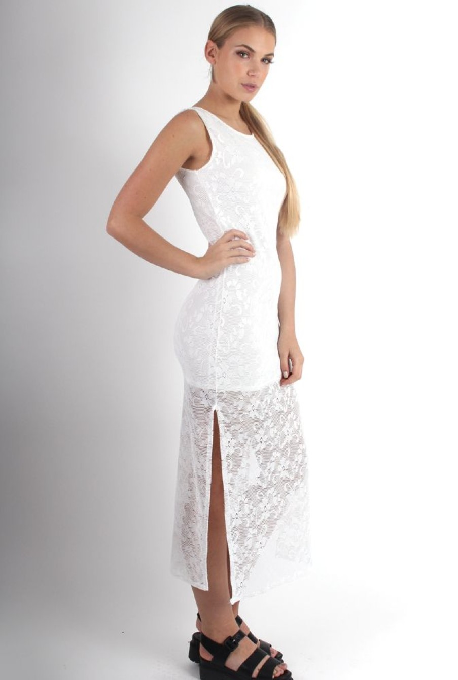 Clothing Rebellious Fashion | Scarlet White Lace Split Side Dress