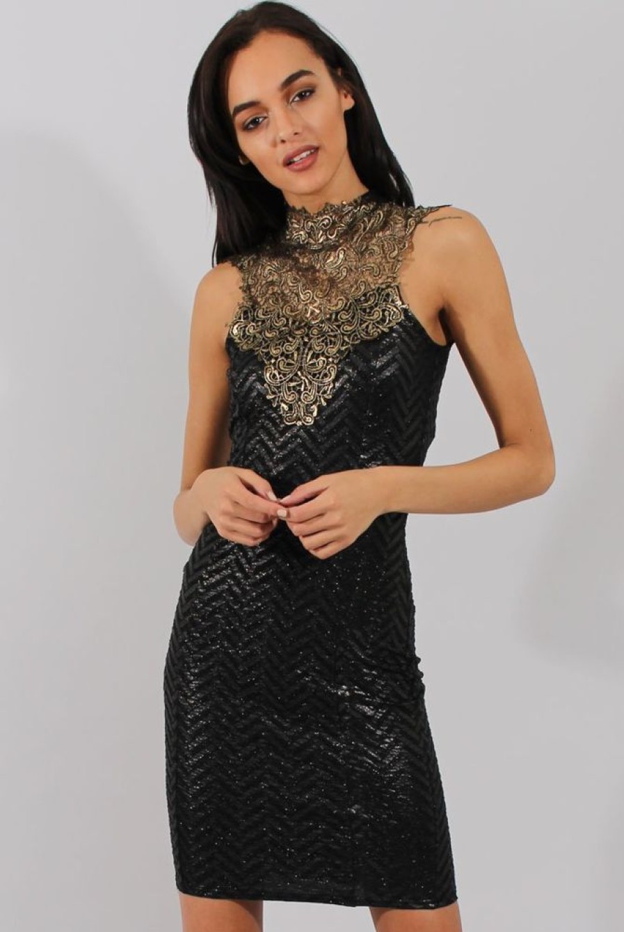 Clothing Rebellious Fashion | Black & Gold Embroidered Midi Dress - Freja