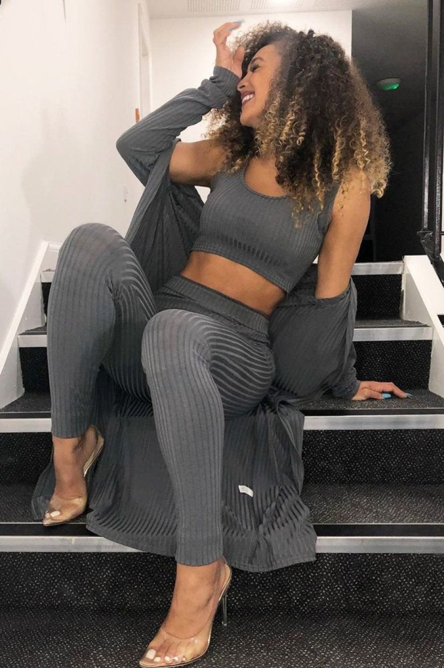 Clothing Rebellious Fashion | Grey Rib Crop Top Leggings Co-Ord - Elenah