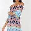 Clothing Rebellious Fashion | Blue Paisley Print Bardot Frill Trim Dress - Tanya