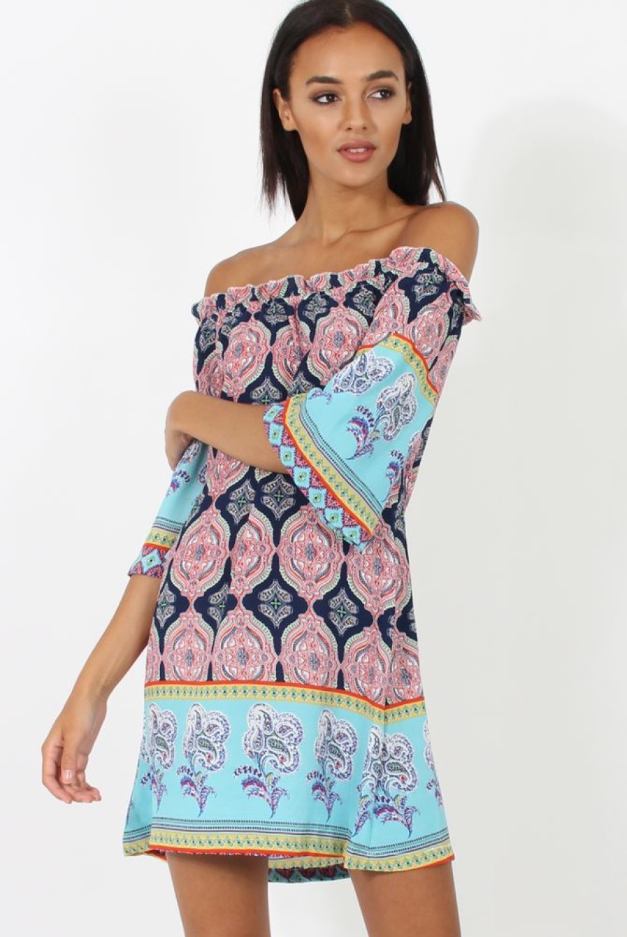 Clothing Rebellious Fashion | Blue Paisley Print Bardot Frill Trim Dress - Tanya