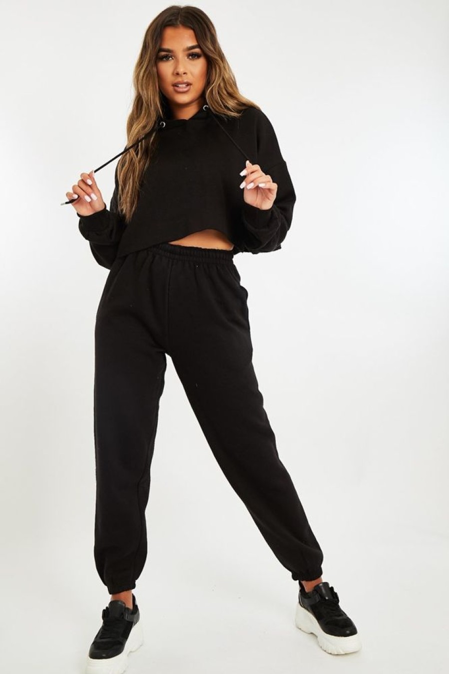 Clothing Rebellious Fashion | Black Cropped Oversized Hoodie And Joggers Co-Ord - Karenza