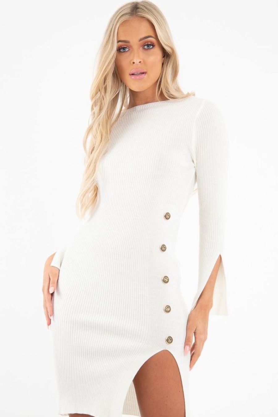 Clothing Rebellious Fashion | Cream Slash Neck Button Rib Knit Midi Dress - Haydee