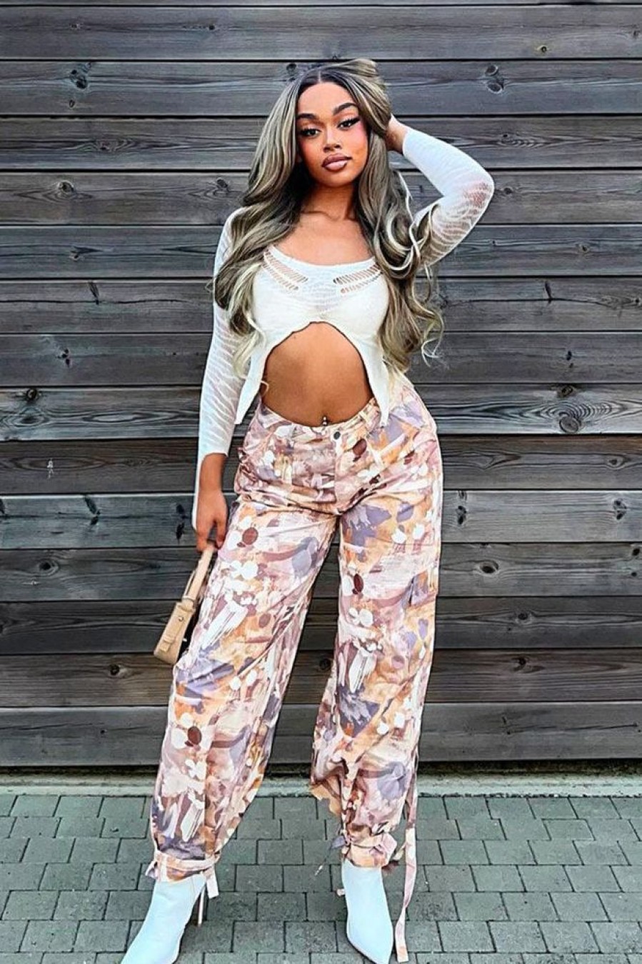 Clothing Rebellious Fashion | Beige Abstract Print Tie Hem Cargo Trousers - Britney