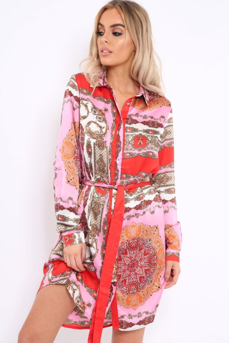 Clothing Rebellious Fashion | Pink Satin Paisley Print Button Front Shirt Dress - Hailie