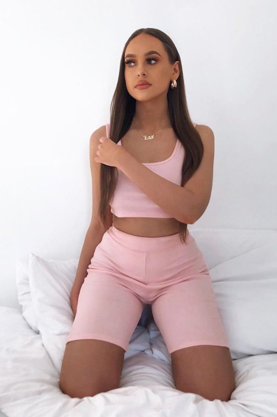 Clothing Rebellious Fashion | Pink Ribbed Crop Top And Cycling Shorts Co-Ord - Nina