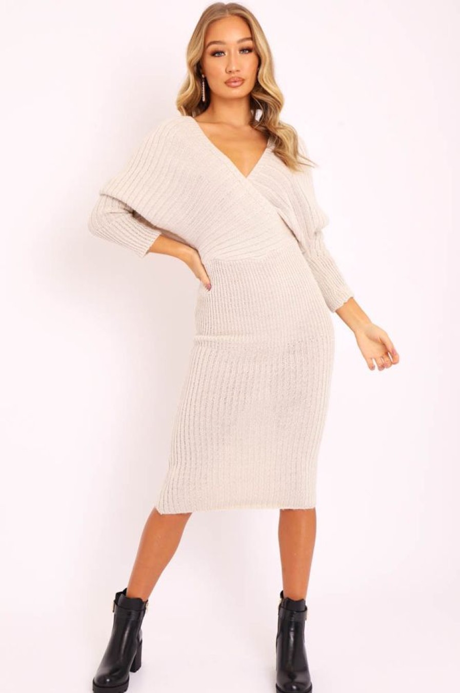 Clothing Rebellious Fashion | Beige Wrap Front Knit Midi Dress - Edan