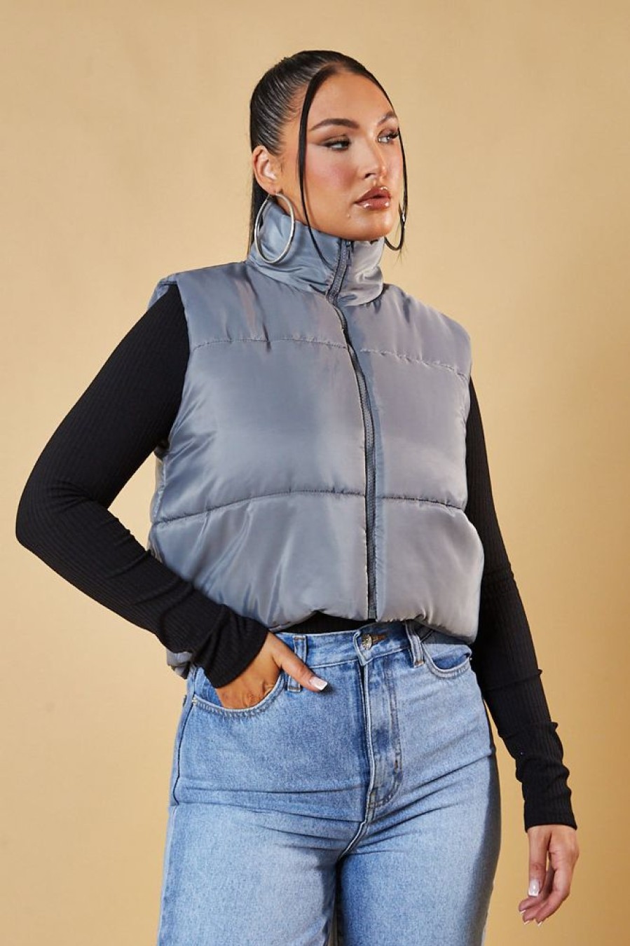 Clothing Rebellious Fashion | Grey Cropped Puffer Gilet - Zura