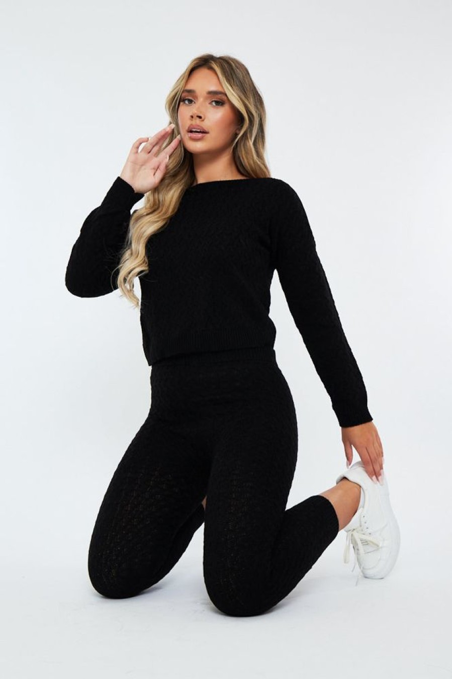 Clothing Rebellious Fashion | Black Knit Cropped Jumper & Jogger Set - Kezzie