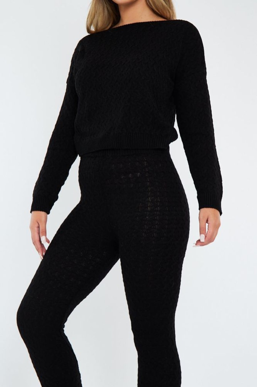 Clothing Rebellious Fashion | Black Knit Cropped Jumper & Jogger Set - Kezzie