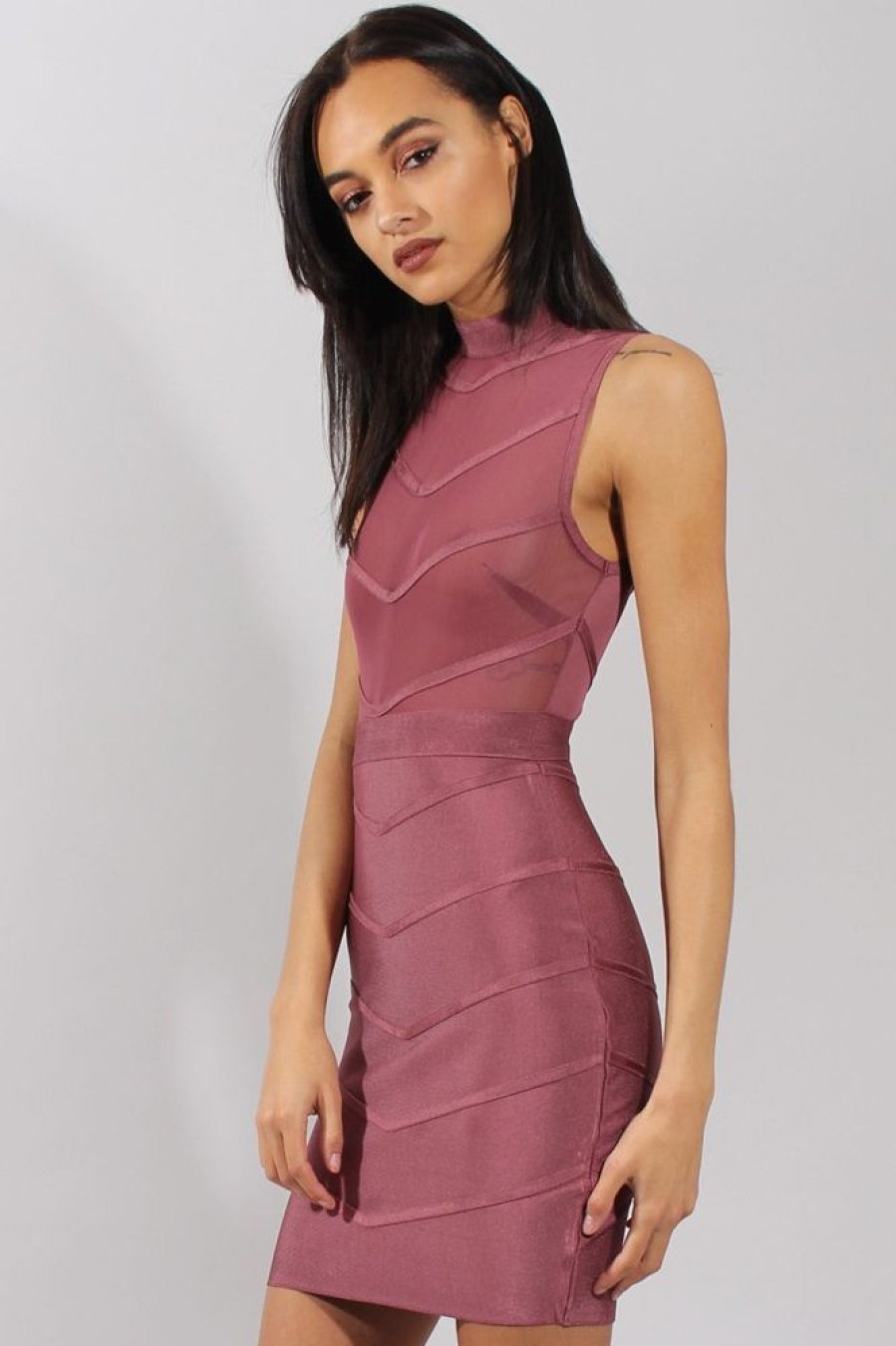 Clothing Rebellious Fashion | Purple High Neck Sheer Bandage Dress -Nadia