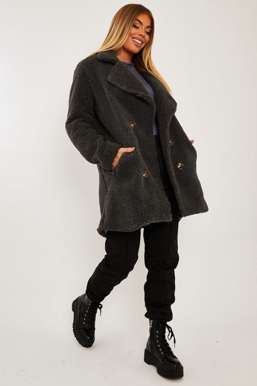 Clothing Rebellious Fashion | Grey Double Breasted Button Front Teddy Coat - Maizee