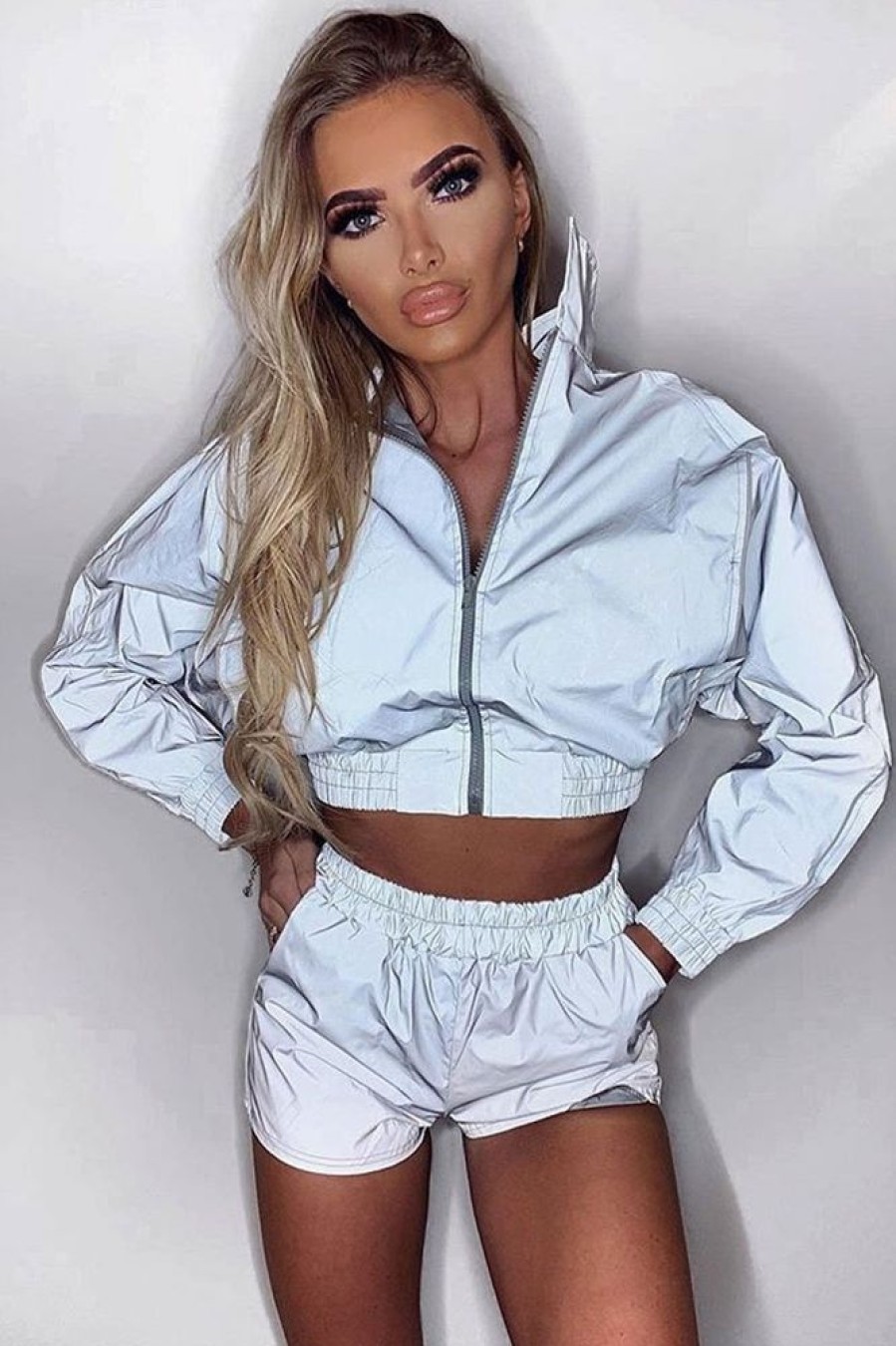 Clothing Rebellious Fashion | Grey Reflective Zip Front Jacket Shorts Co-Ord - Remmi