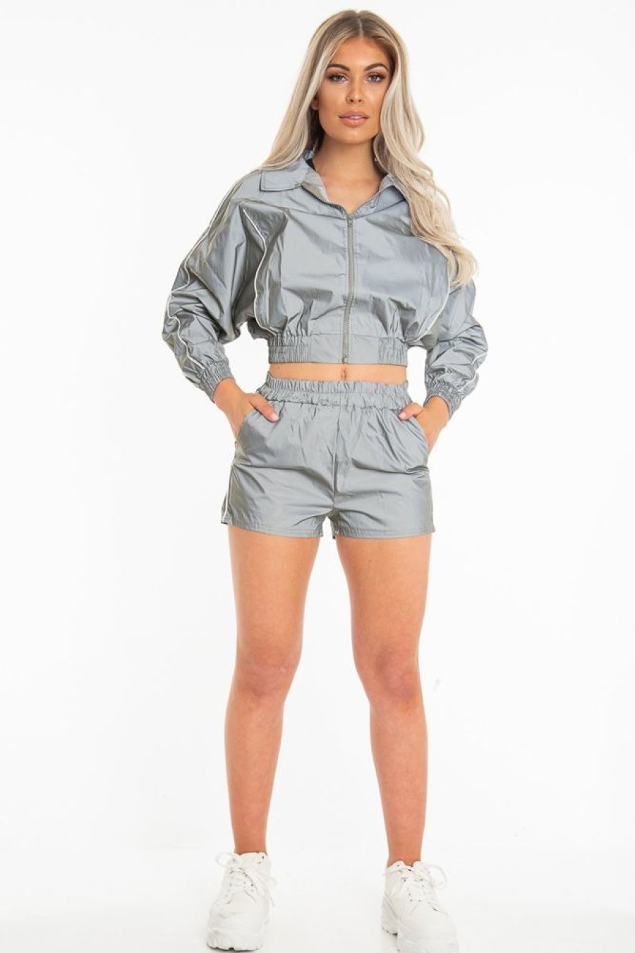 Clothing Rebellious Fashion | Grey Reflective Zip Front Jacket Shorts Co-Ord - Remmi