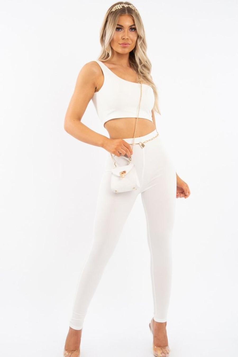 Clothing Rebellious Fashion | White One Shoulder Crop Top And Leggings Co-Ord - Marrie