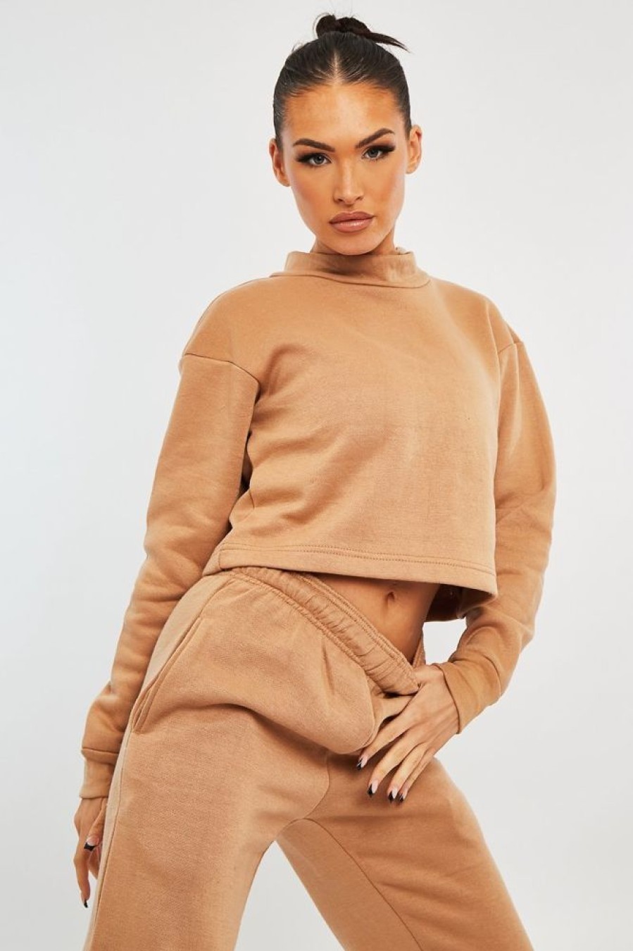 Clothing Rebellious Fashion | Camel High Neck Cropped Sweatshirt - Orli