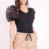 Clothing Rebellious Fashion | Black Scallop Neckline Crochet Mesh Sleeve Top - Kaisley