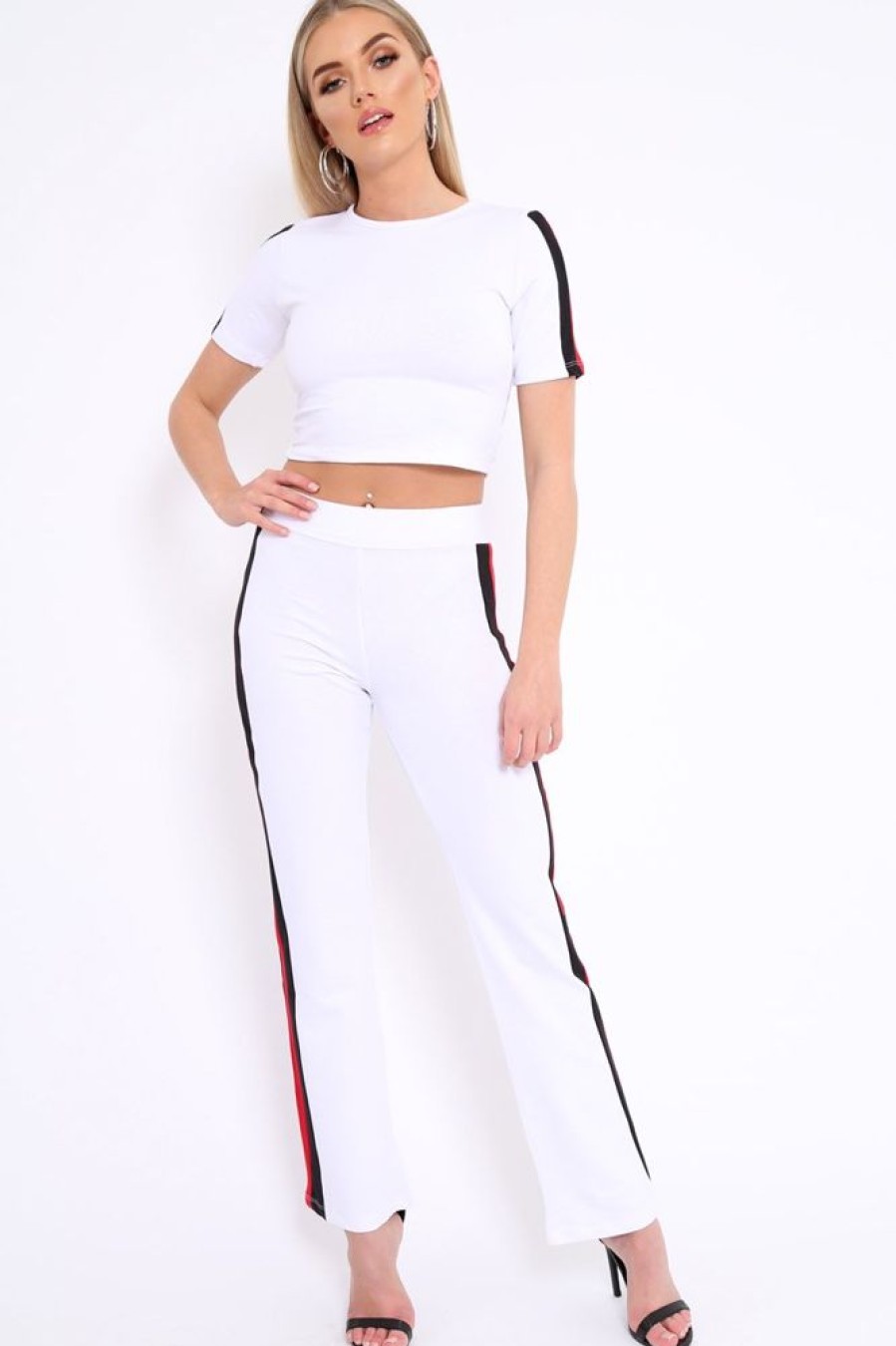 Clothing Rebellious Fashion | White With Red And Black Side Stripe Co-Ord - Farris