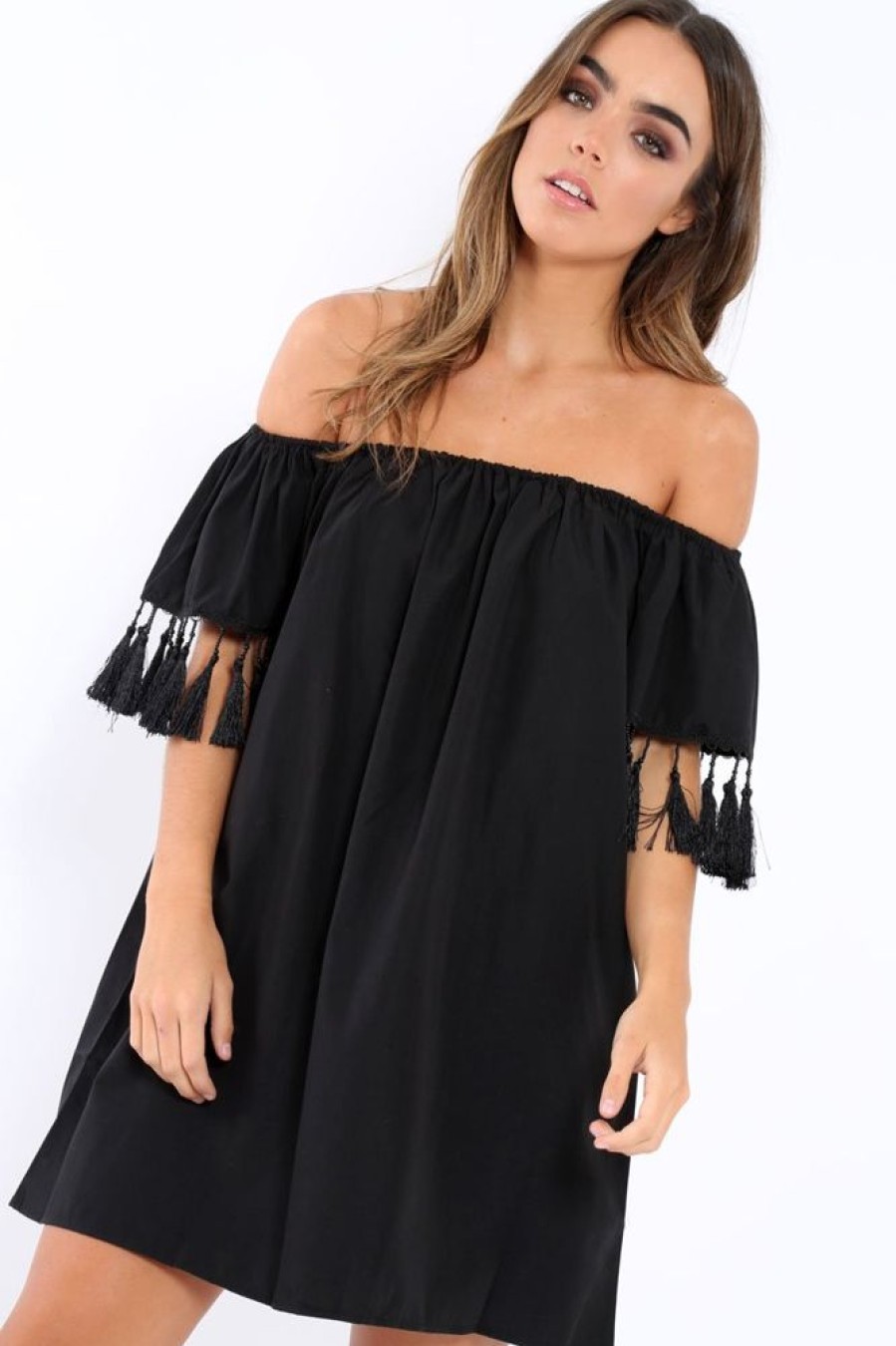 Clothing Rebellious Fashion | Black Shift Dress With Tassle Sleeves - Danielle