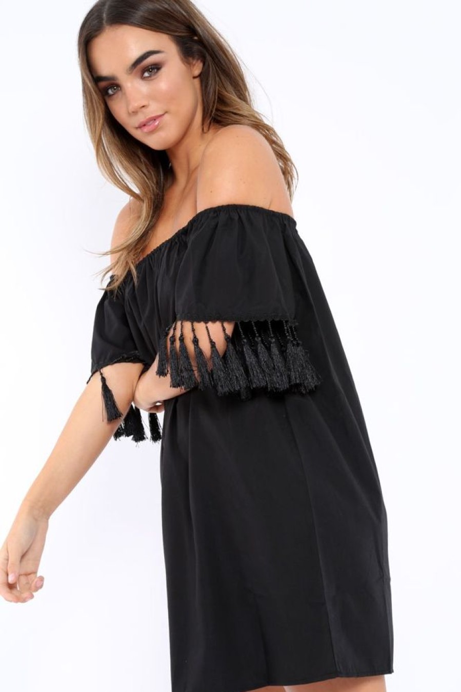 Clothing Rebellious Fashion | Black Shift Dress With Tassle Sleeves - Danielle