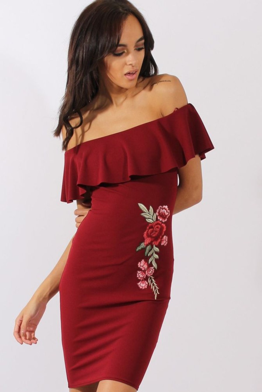 Clothing Rebellious Fashion | Wine Bardot Frill Embroidered Dress - Jasmine