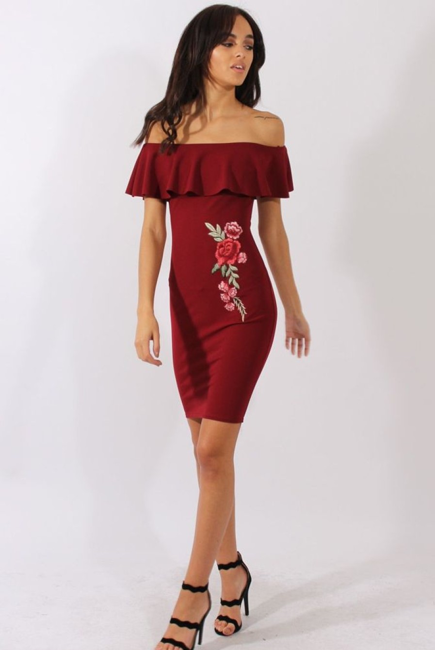 Clothing Rebellious Fashion | Wine Bardot Frill Embroidered Dress - Jasmine