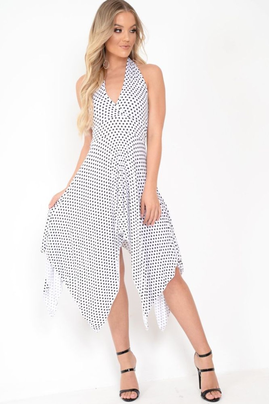 Clothing Rebellious Fashion | White Polka Dot Halterneck Tiered Hem Dress - Cailie